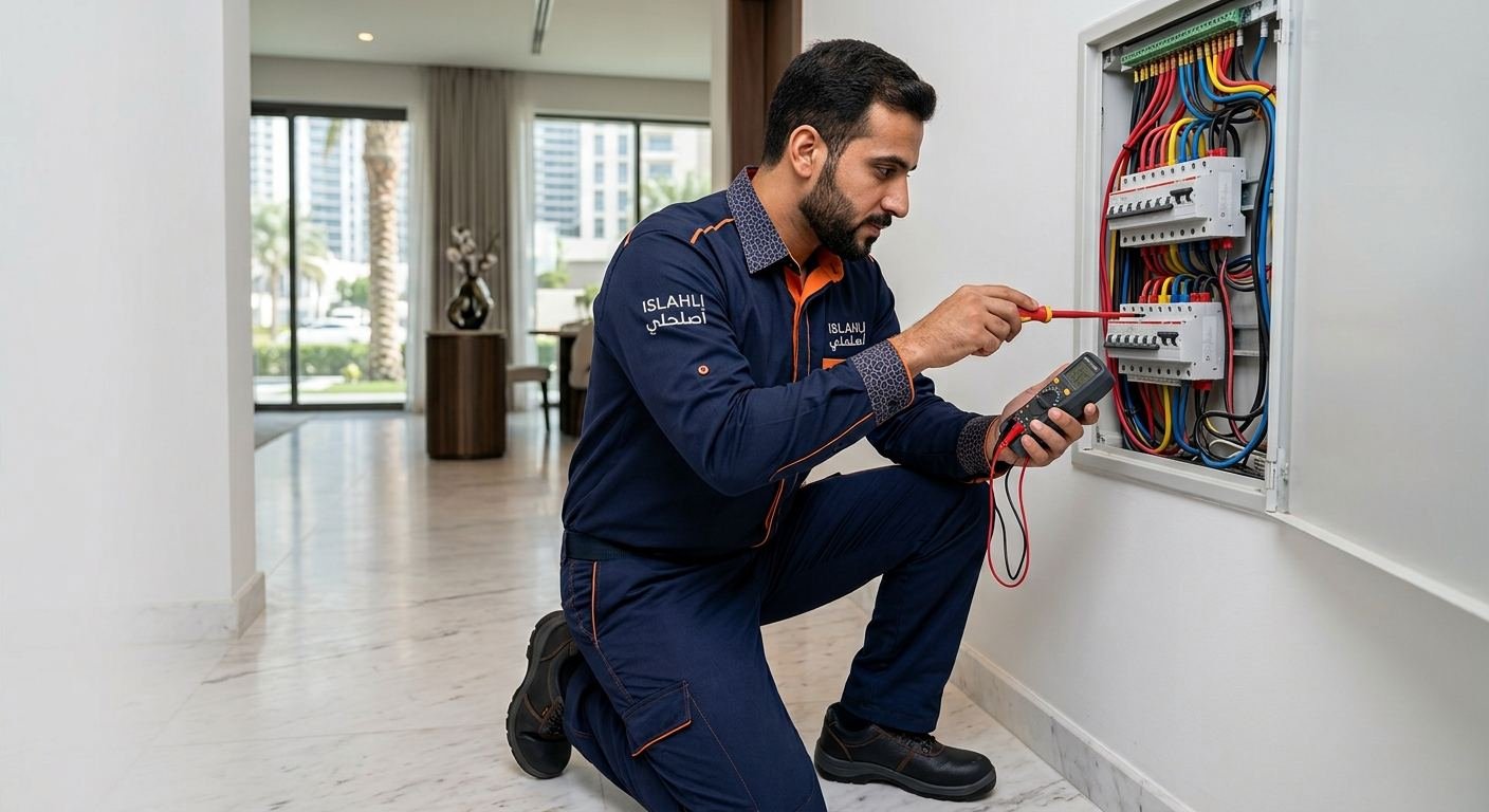 فني كهرباء يعمل على لوحة كهربائية